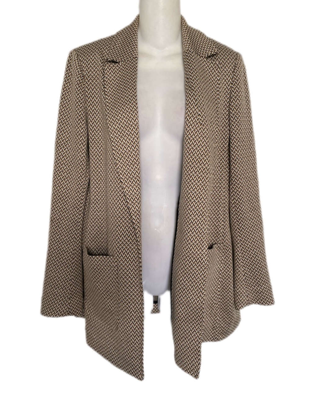Anne Klein Tan White & Black Herringbone Knit Open-Front Blazer